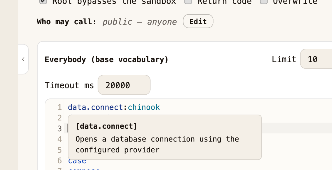 The base vocabulary editor with data.connect:chinook added, the cursor hovering the data.connect function, and a tooltip reading 'Opens a database connection using the configured provider'