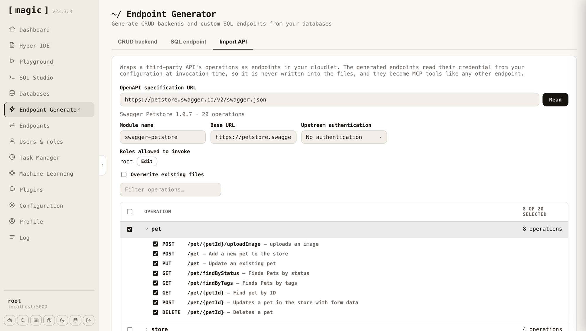 The Import API tab in the Magic Endpoint Generator, having read the Swagger Petstore specification, with eight of twenty operations selected