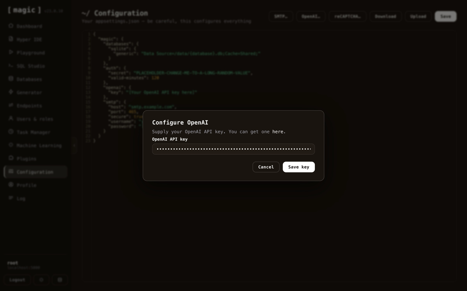 The Configuration screen with the OpenAI settings dialog open