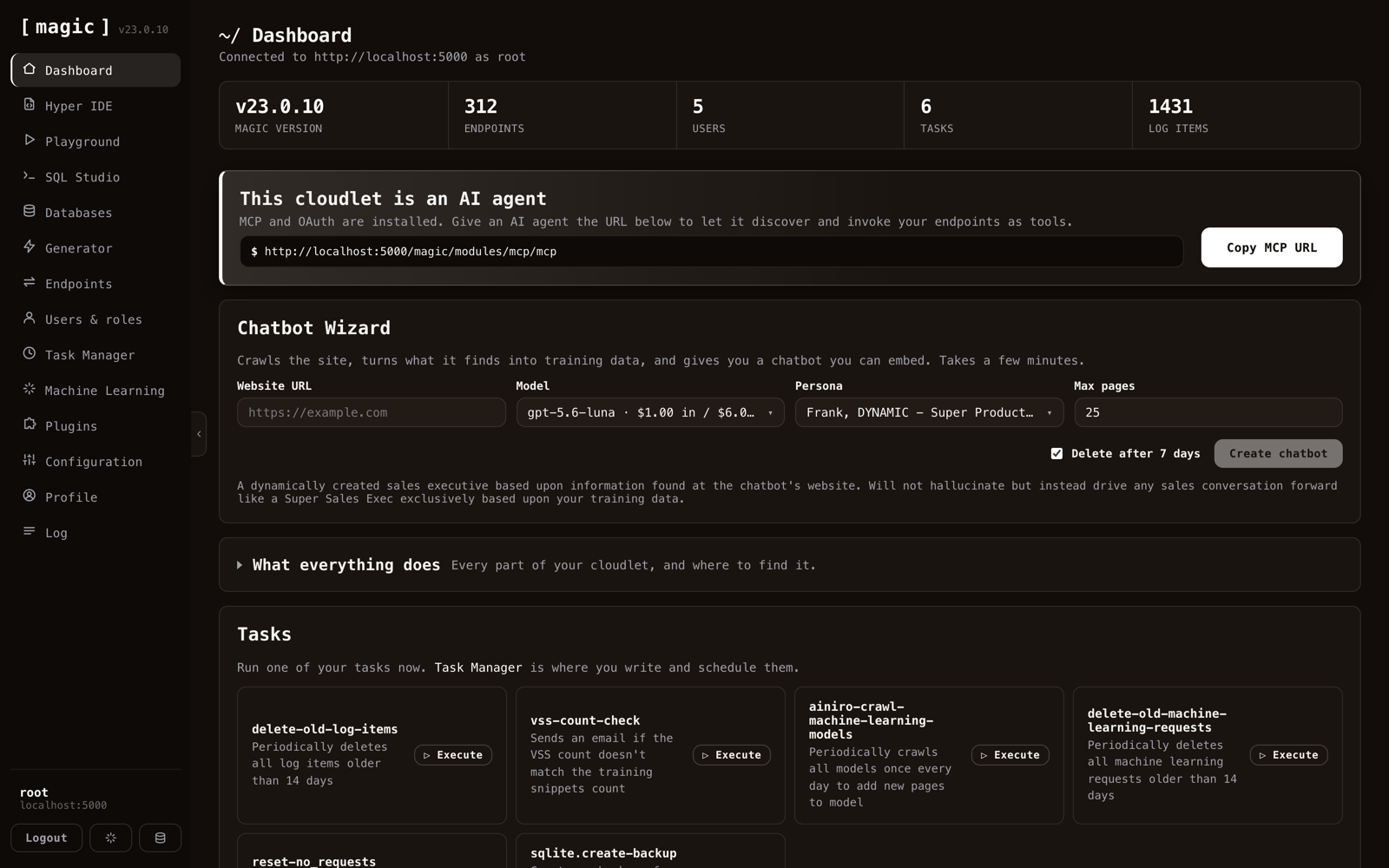 The Magic dashboard showing version, endpoint count, users, tasks and log items, with the MCP agent banner and the Chatbot Wizard below