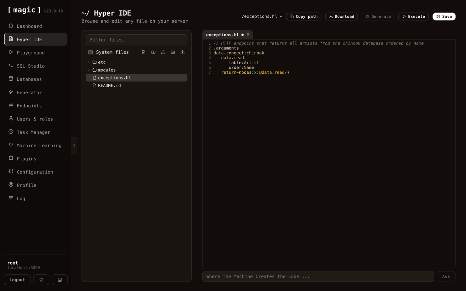 Hyper IDE with a generated Hyperlambda endpoint open in the editor and the AI prompt bar at the bottom