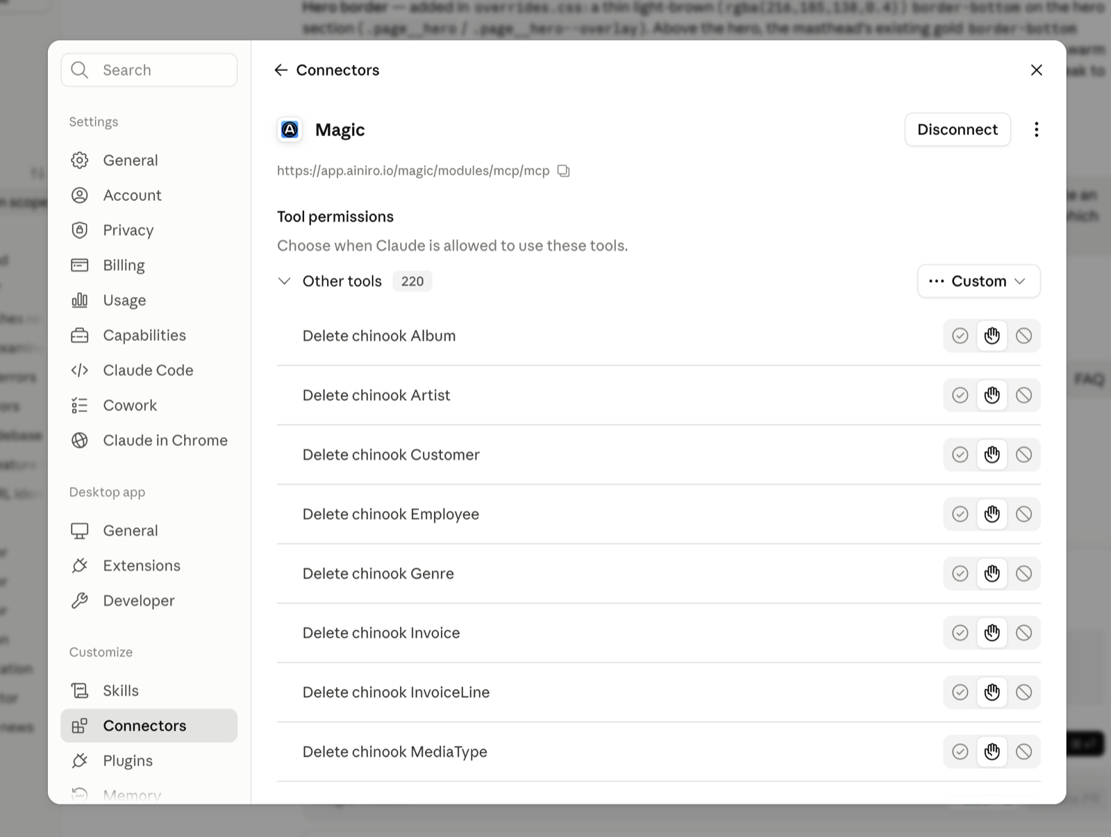 The Magic connector inside Claude's Connectors settings, listing 220 available tools with per-tool permissions