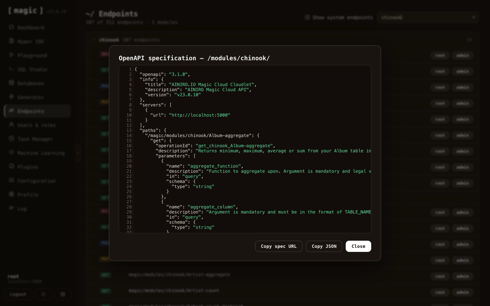 The OpenAPI specification dialog for the chinook module, showing generated JSON