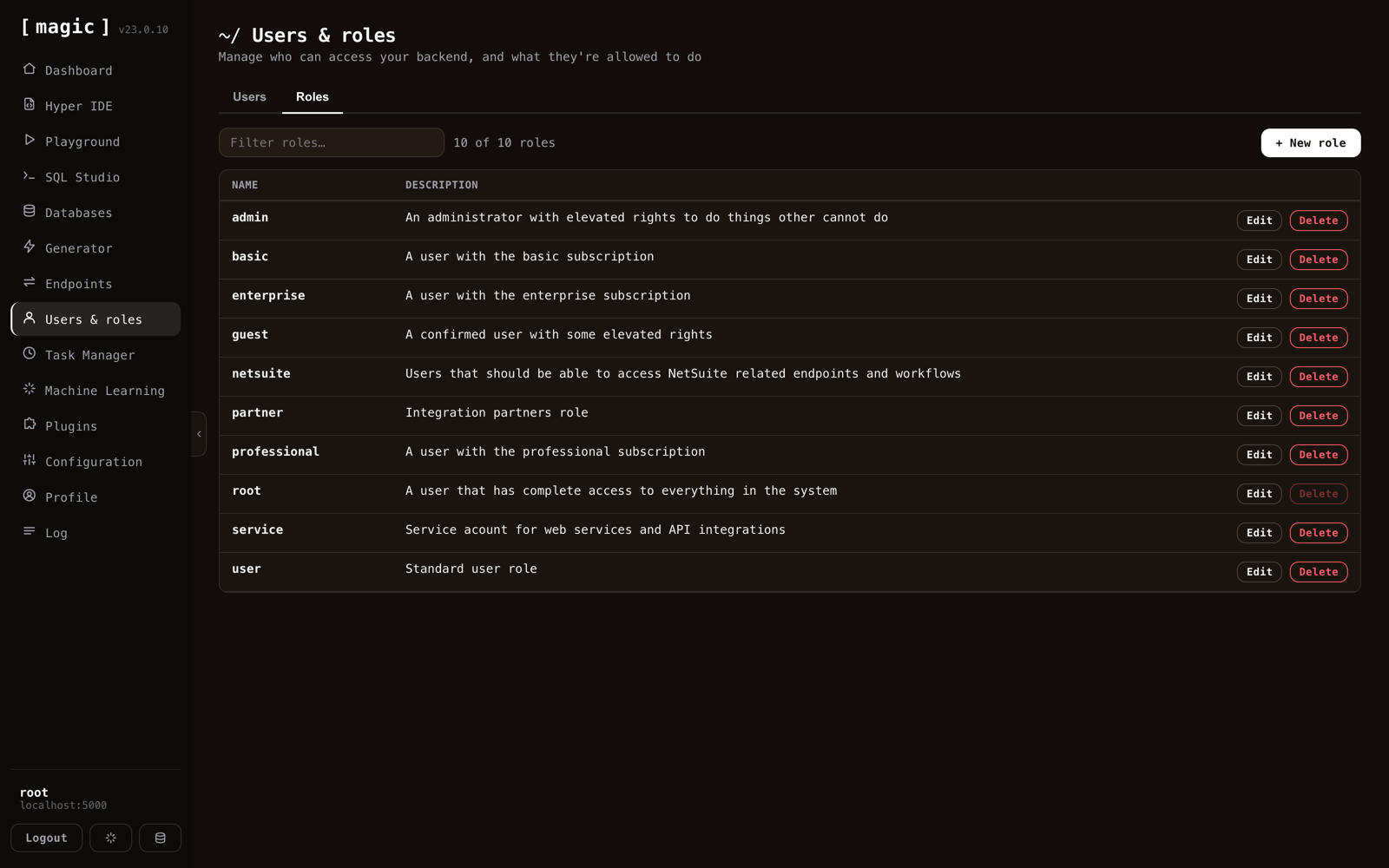 The Roles tab listing ten roles including root, admin, guest, service and partner, each with a description