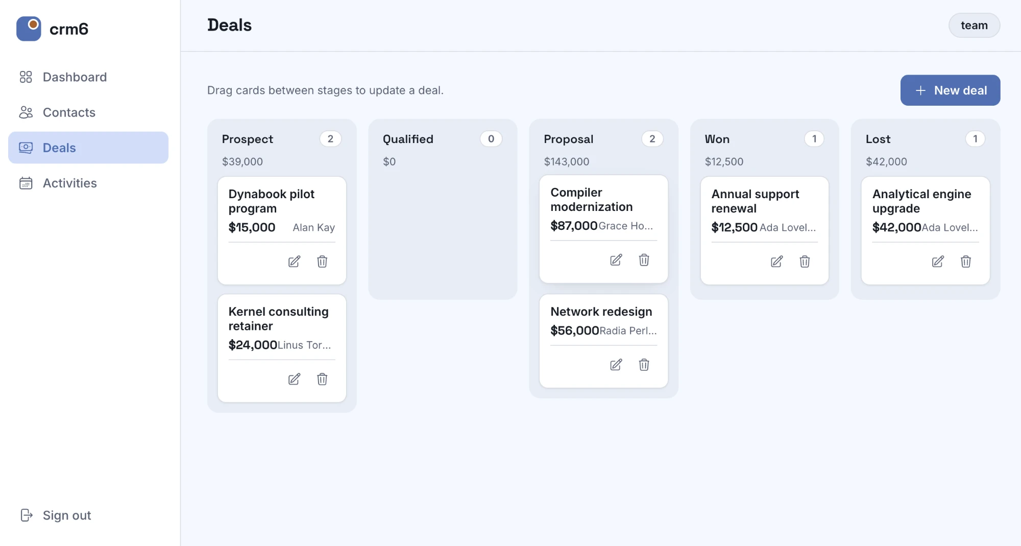 The deals kanban — drag a card between stages and the deal updates through the guest-gated API