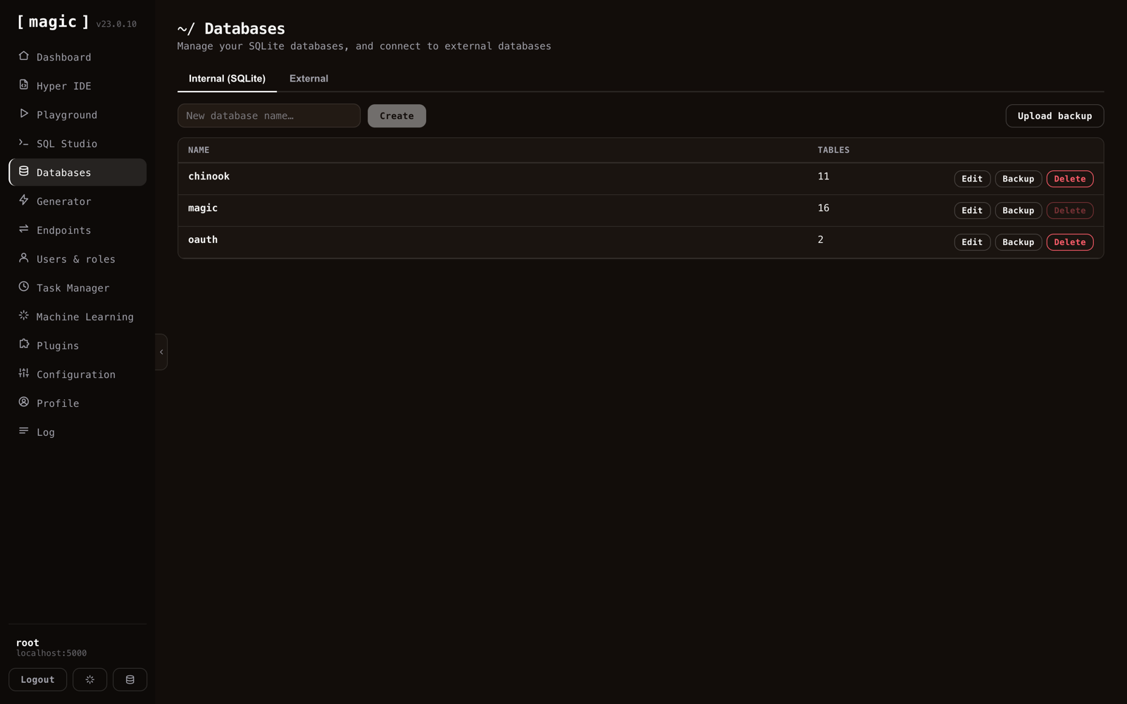The Databases screen listing SQLite databases with table counts