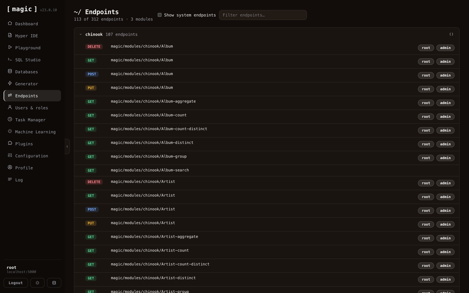 The Endpoints screen with modules expanded showing HTTP verb badges