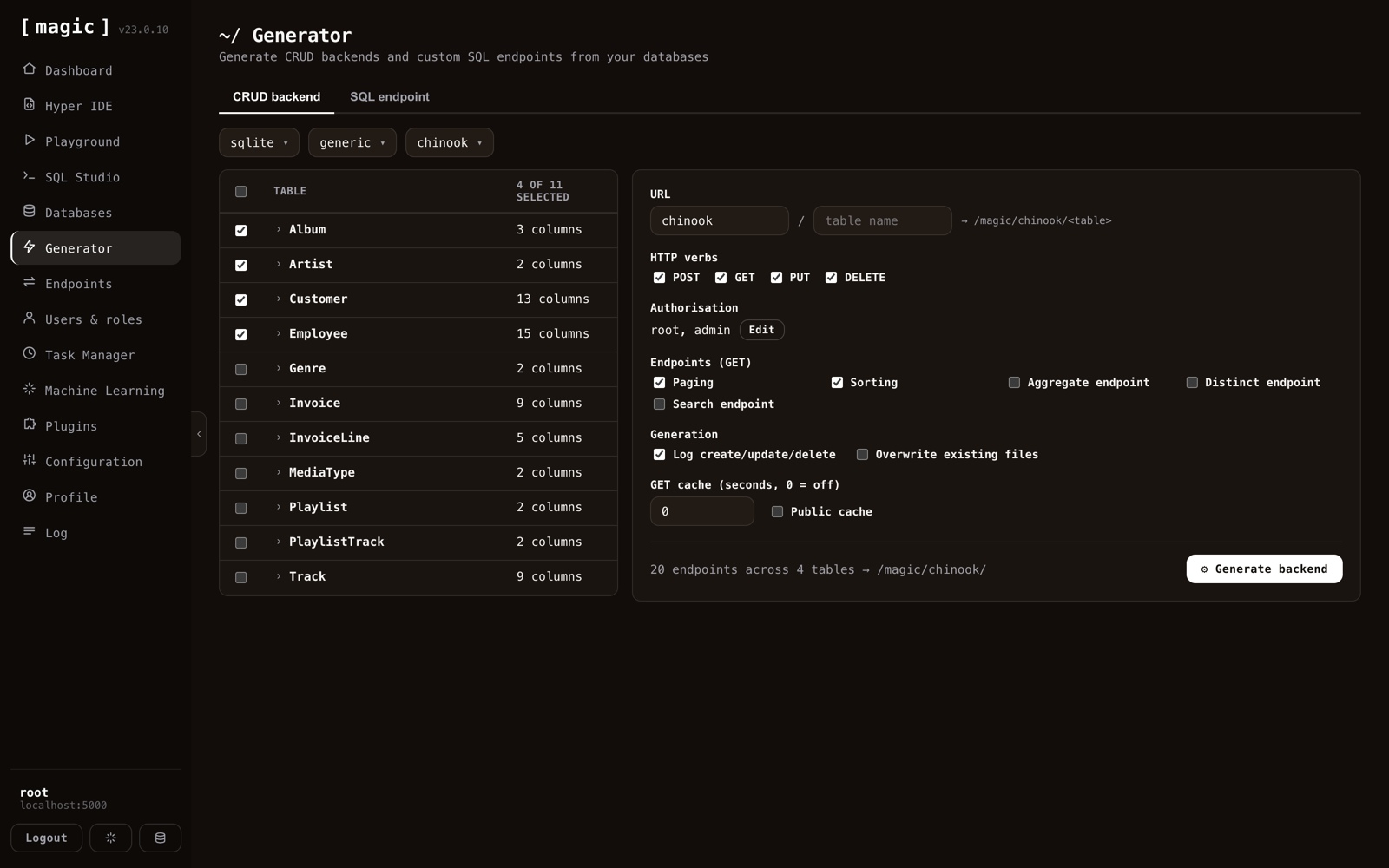 The Backend Generator — pick a database, tick tables, choose roles, and generate the CRUD API from the dashboard