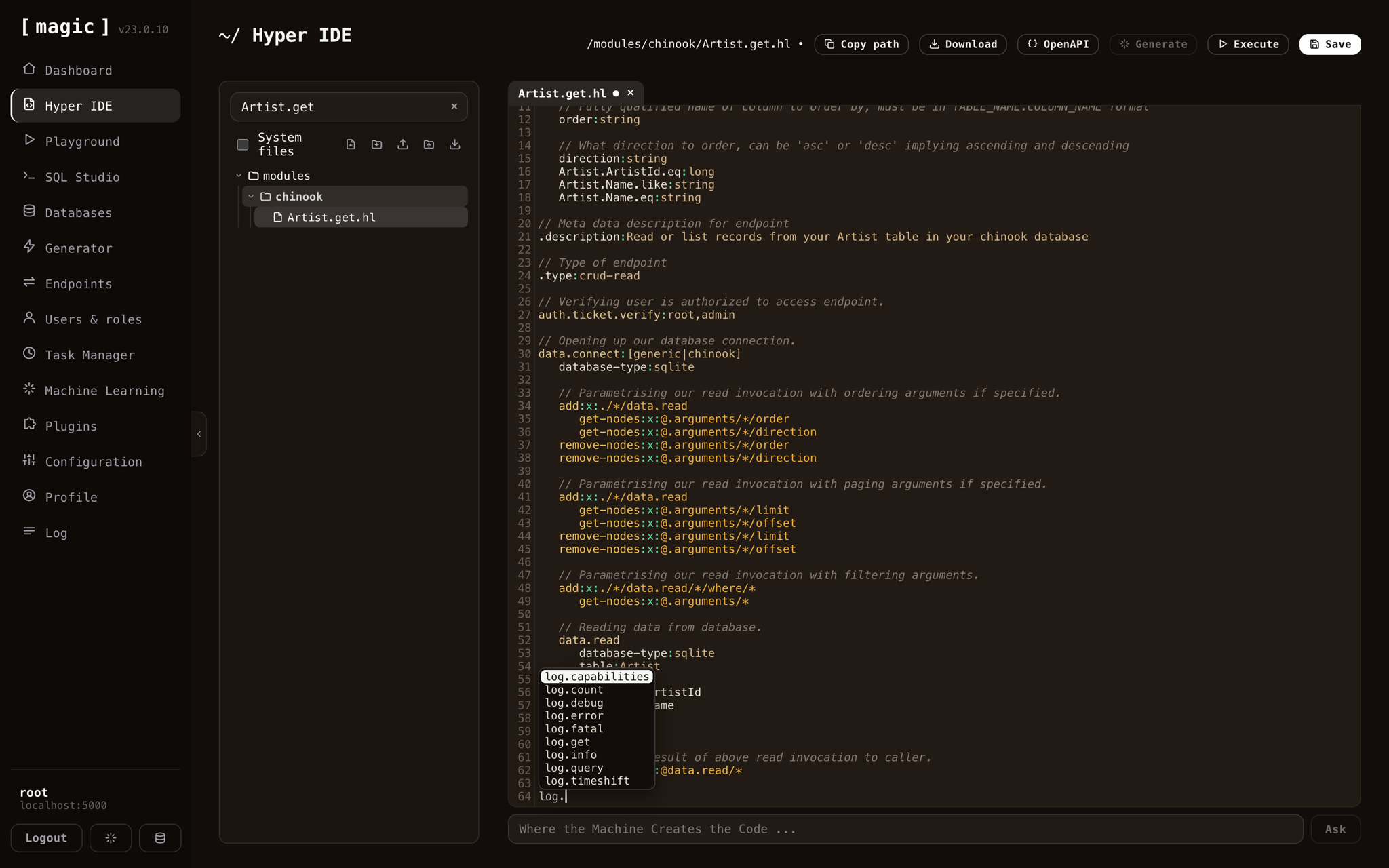 Hyper IDE with the Hyperlambda Generator, turning a natural-language description into a backend endpoint