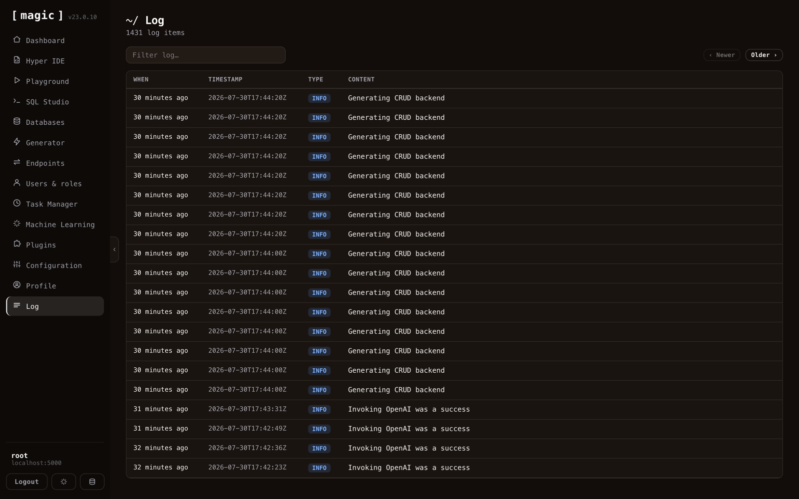 The Log screen listing backend log entries by type and time
