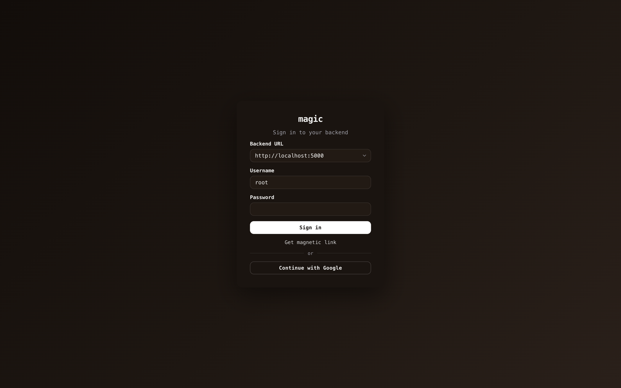 The Magic login screen with backend selector, magic link and Google sign-in