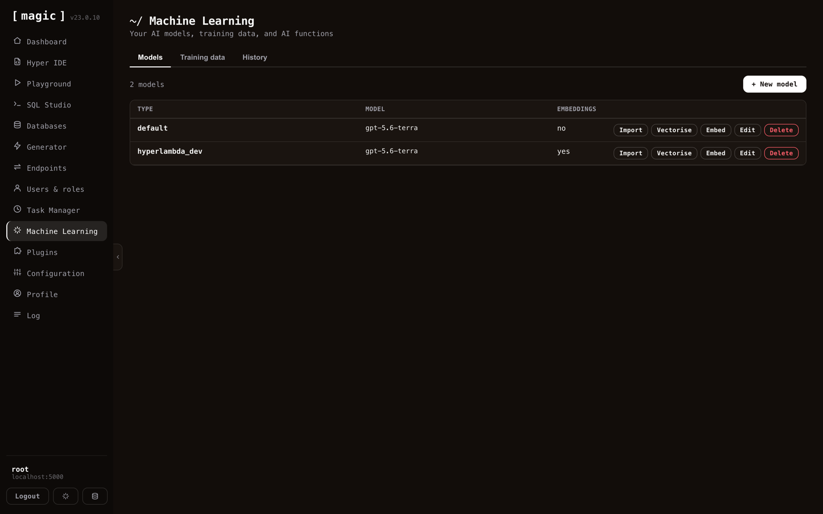 The Machine Learning screen listing models with import, vectorise and embed actions