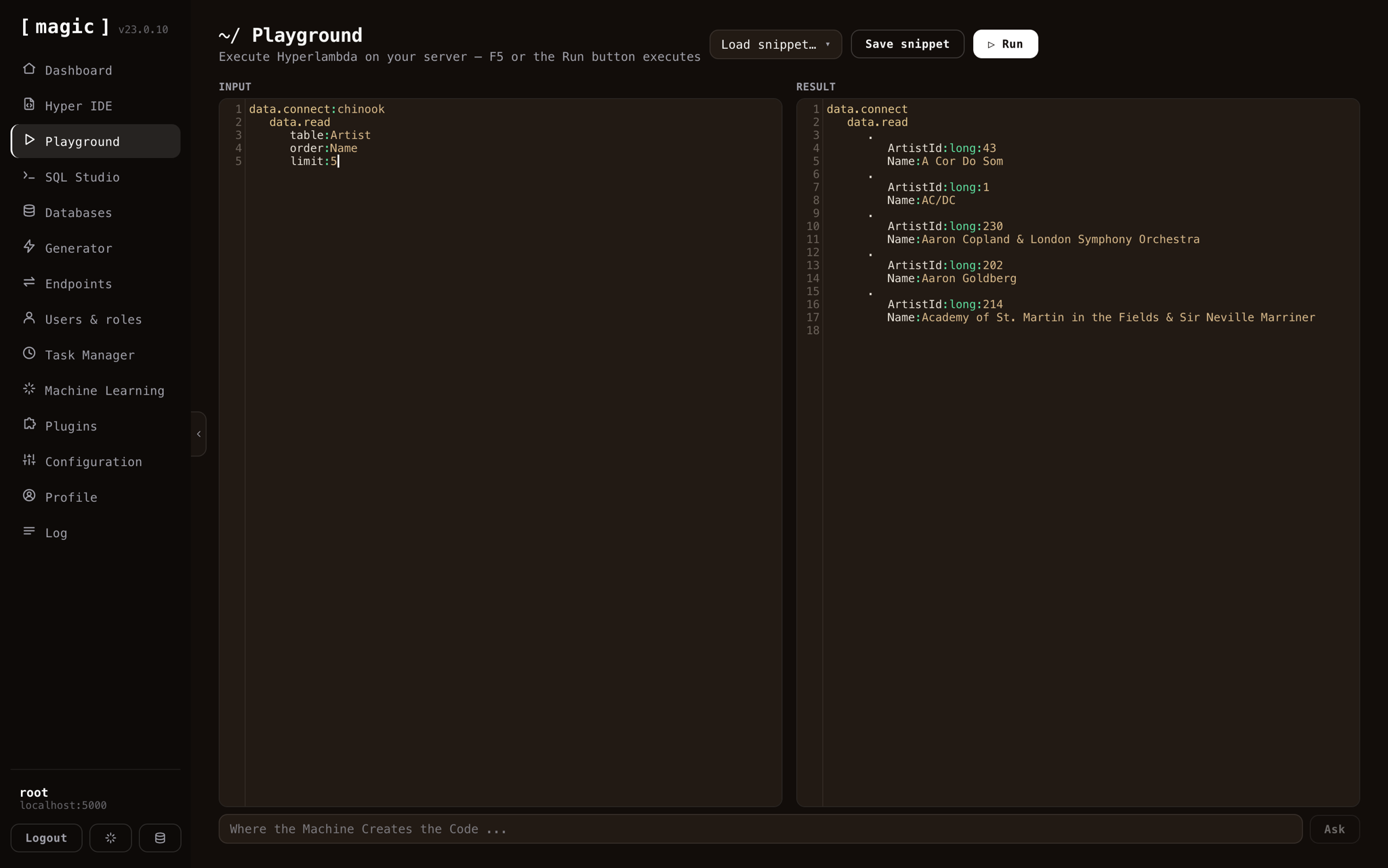 The Hyperlambda Playground with an example and its result pane