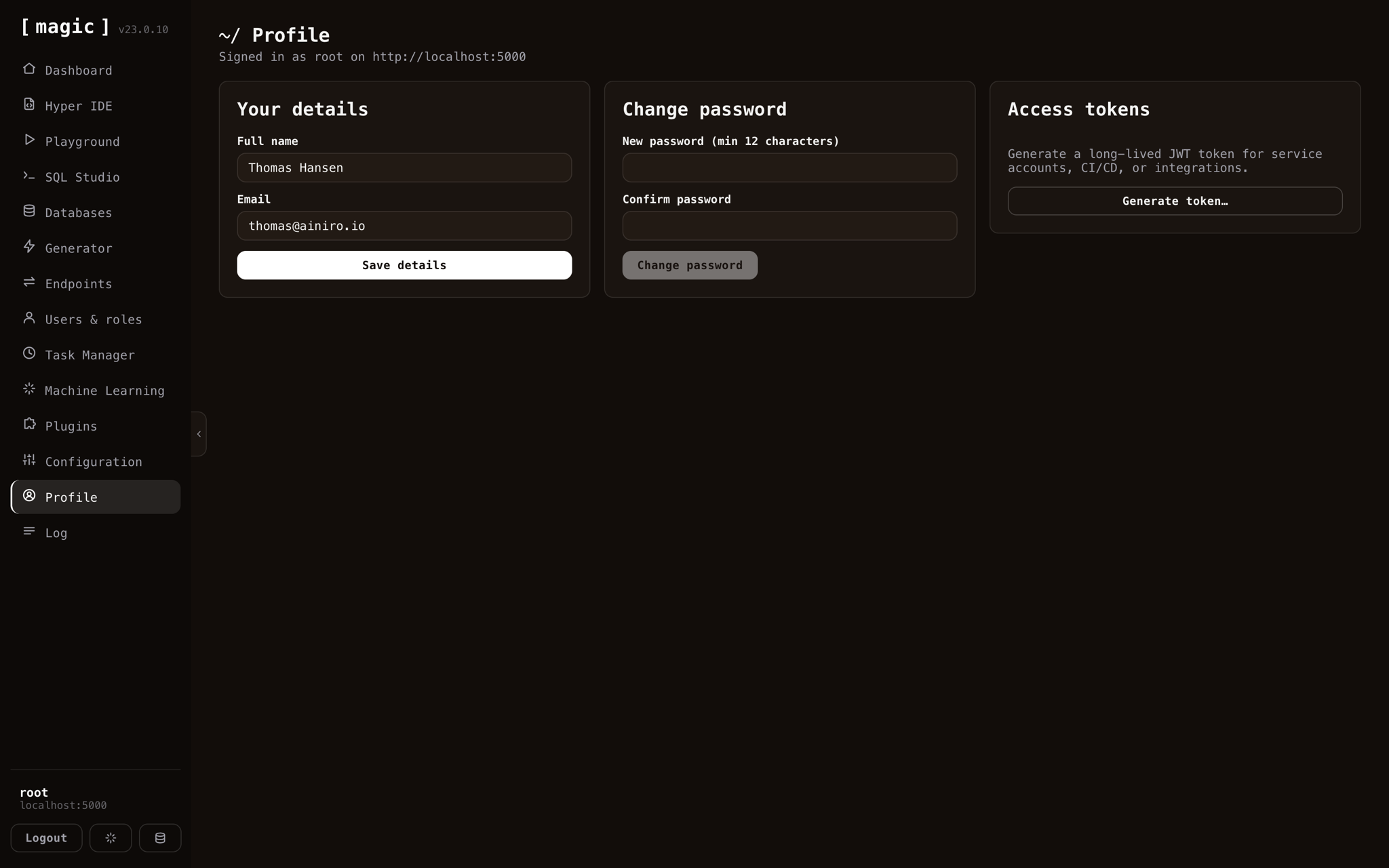 The Profile screen with details, password change and access token generation
