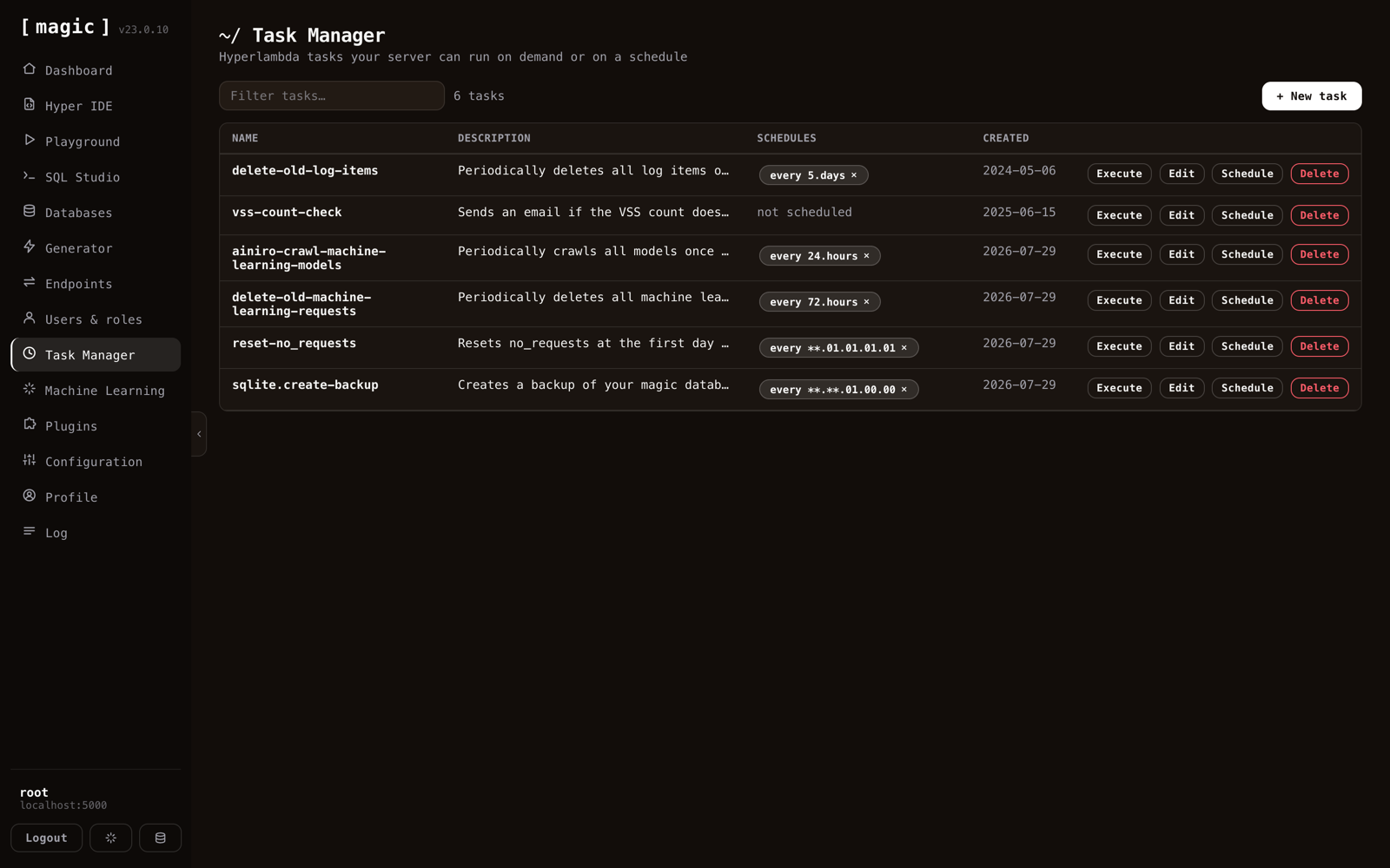 The Task Manager listing scheduled Hyperlambda tasks