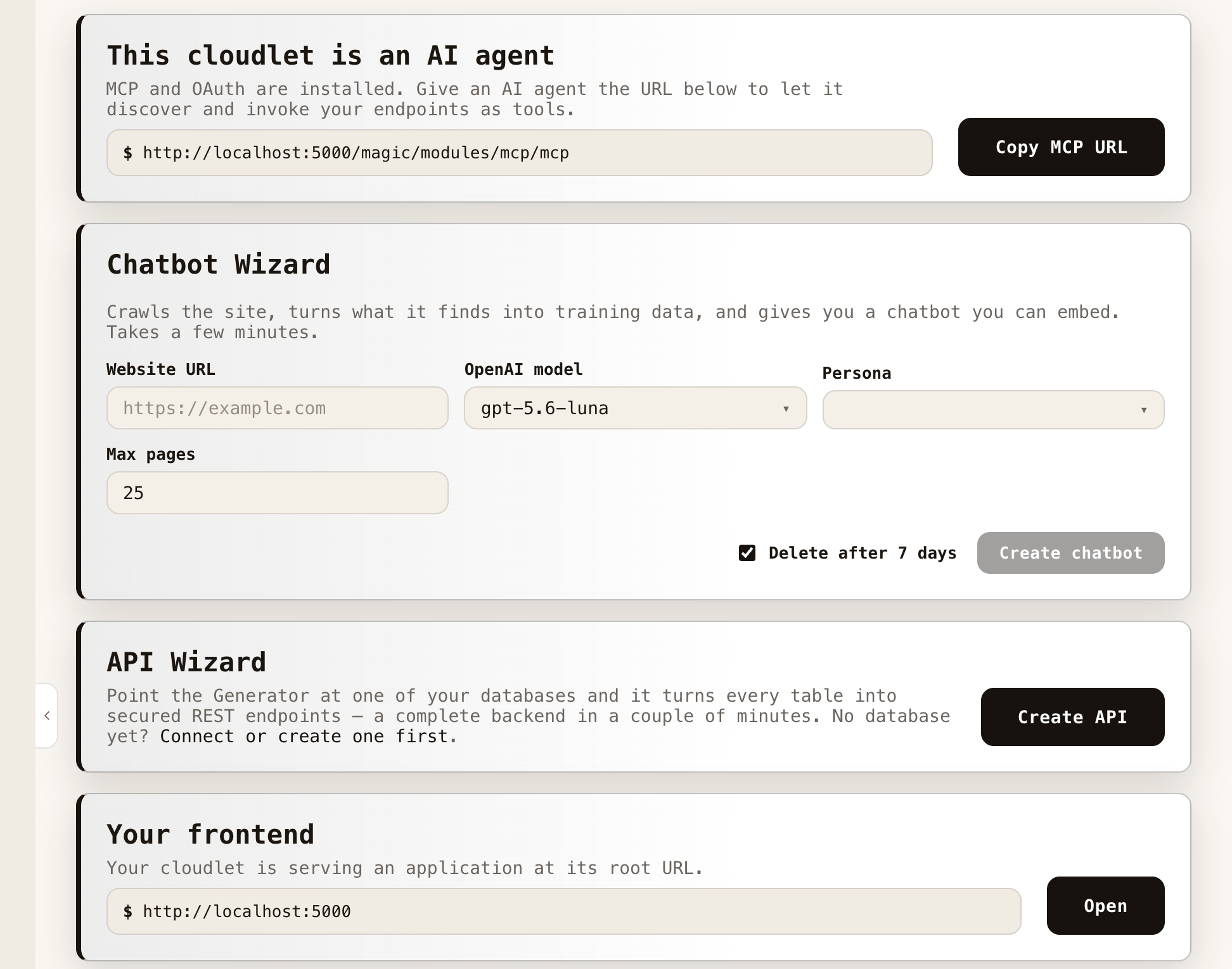 The Magic dashboard with the MCP banner - this cloudlet is an AI agent