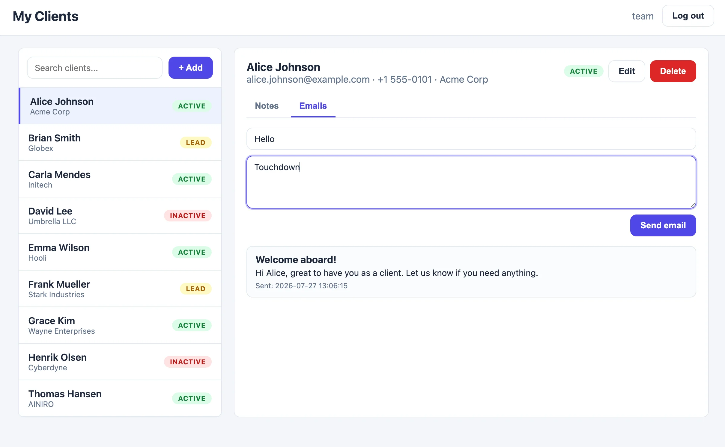 The Emails tab — a generated endpoint looks up the client and dispatches through platform SMTP