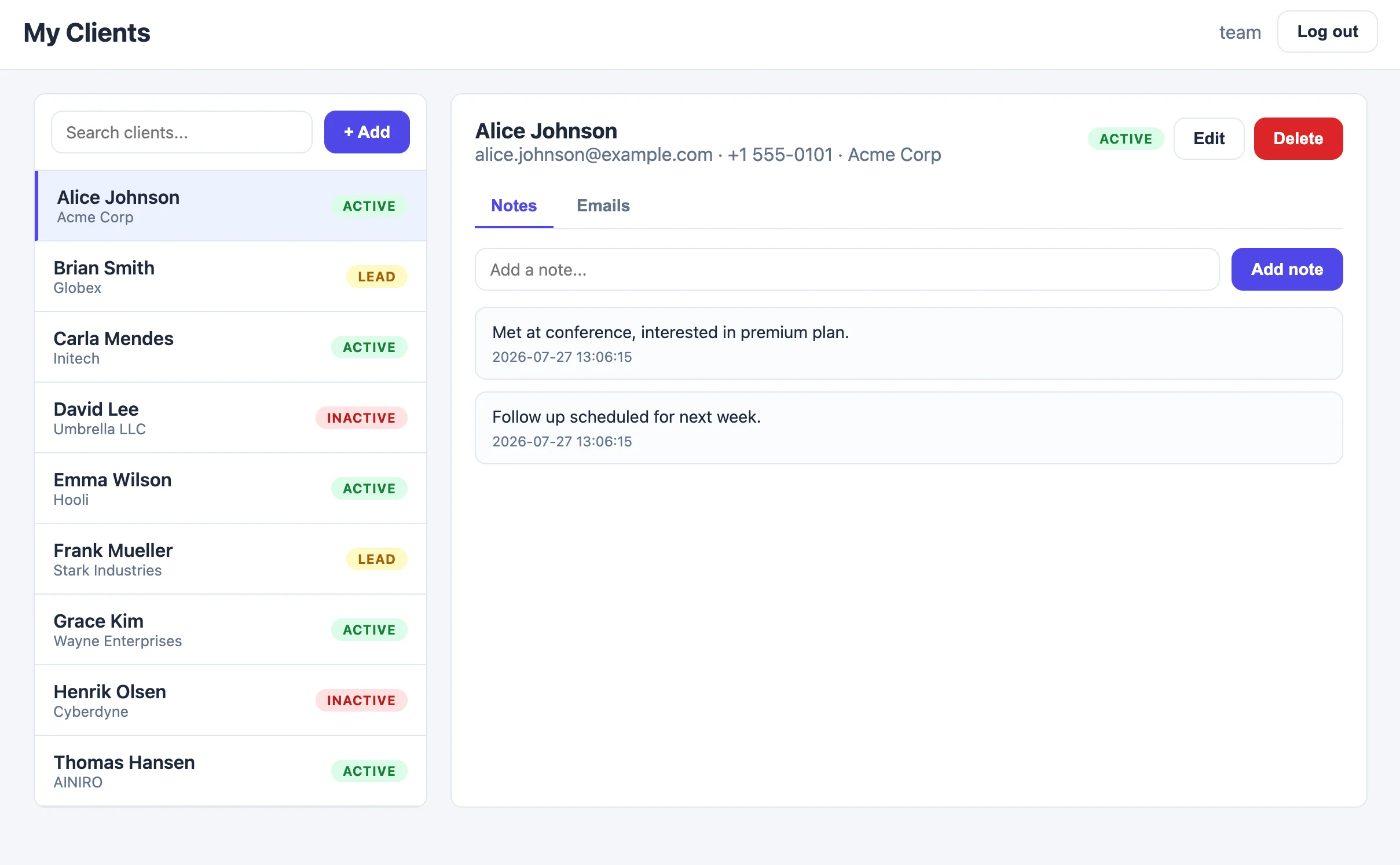 The client manager — search, status badges and per-client notes over generated CRUD endpoints